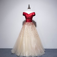 A-Line Color Block Sparkle Engagement Prom Dress Off Shoulder Short Sleeve Floor Length Tulle with Pleats Sequin 2020 miniinthebox