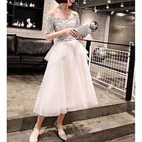A-Line Color Block Sparkle Homecoming Prom Dress Off Shoulder Half Sleeve Tea Length Sequined with Sequin 2020