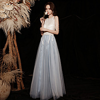 A-Line Color Block Sparkle Prom Formal Evening Dress Halter Neck Sleeveless Floor Length Tulle with Crystals 2020