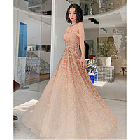 A-Line Color Block Sparkle Prom Formal Evening Dress One Shoulder Sleeveless Floor Length Tulle with Pleats Crystals Sequin 2020