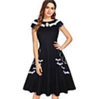 A-Line Color Block Vintage Party Wear Cocktail Party Dress Jewel Neck Short Sleeve Knee Length Cotton with Pleats Pattern / Print 2020