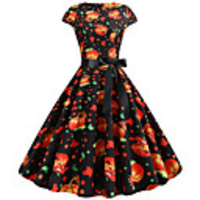 A-Line Color Block Vintage Party Wear Cocktail Party Dress Jewel Neck Short Sleeve Knee Length Spandex with Bow(s) Pleats 2020