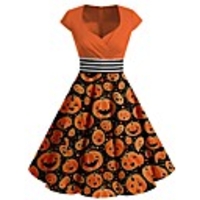 A-Line Color Block Vintage Party Wear Cocktail Party Dress V Neck Short Sleeve Knee Length Spandex with Pleats Pattern / Print 2020