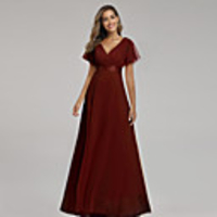 A-Line Elegant Empire Party Wear Formal Evening Dress V Neck Short Sleeve Floor Length Chiffon with Ruched Ruffles 2020
