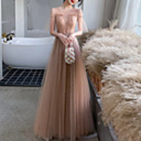 A-Line Elegant Glittering Wedding Guest Prom Dress Illusion Neck Short Sleeve Floor Length Tulle with Pleats Sequin 2020