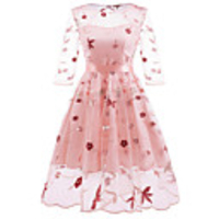 A-Line Elegant Minimalist Party Wear Cocktail Party Dress Illusion Neck 3/4 Length Sleeve Knee Length Lace with Bow(s) Embroidery 2020