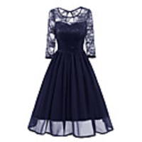 A-Line Elegant Minimalist Party Wear Cocktail Party Dress Illusion Neck 3/4 Length Sleeve Knee Length Lace with Pleats 2020
