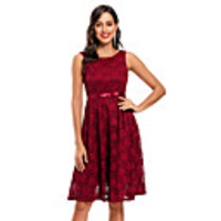 A-Line Elegant Minimalist Party Wear Cocktail Party Dress Jewel Neck Sleeveless Knee Length Lace with Bow(s) Pleats 2020