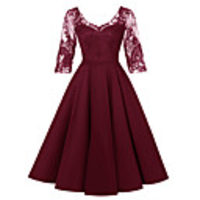 A-Line Elegant Minimalist Party Wear Cocktail Party Dress V Neck 3/4 Length Sleeve Knee Length Lace Satin with Pleats 2020