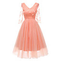 A-Line Elegant Minimalist Party Wear Cocktail Party Dress V Neck Half Sleeve Knee Length Lace with Pleats Appliques 2020