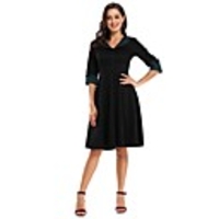 A-Line Elegant Minimalist Party Wear Cocktail Party Dress V Neck Half Sleeve Knee Length Spandex with Buttons Pleats 2020