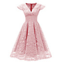A-Line Elegant Minimalist Party Wear Cocktail Party Dress V Neck Short Sleeve Knee Length Lace with Pleats 2020