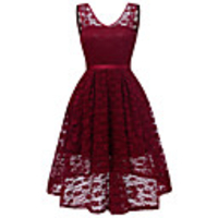 A-Line Elegant Minimalist Party Wear Cocktail Party Dress V Neck Sleeveless Knee Length Lace with Pleats 2020
