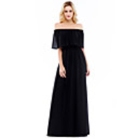 A-Line Elegant Minimalist Party Wear Formal Evening Dress Off Shoulder Half Sleeve Floor Length Chiffon with Pleats 2020