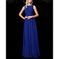 A-Line Elegant Minimalist Wedding Guest Formal Evening Dress Boat Neck Sleeveless Floor Length Chiffon with Pleats 2020