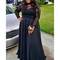 A-Line Elegant Plus Size Wedding Guest Formal Evening Dress Jewel Neck Long Sleeve Floor Length Lace Satin with Pleats Appliques 2020
