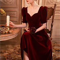 A-Line Elegant Vintage Homecoming Cocktail Party Dress Scoop Neck Half Sleeve Tea Length Velvet with Buttons 2021 miniinthebox