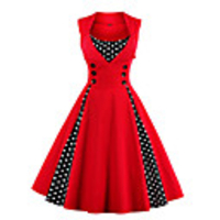 A-Line Elegant Vintage Party Wear Cocktail Party Dress Scoop Neck Sleeveless Knee Length Spandex with Buttons Pleats 2020