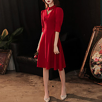A-Line Elegant Vintage Party Wear Cocktail Party Dress V Neck Shirt Collar Half Sleeve Knee Length Stretch Fabric with Sleek 2021 miniinthebox