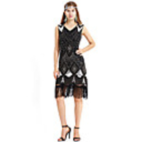 A-Line Elegant Vintage Party Wear Cocktail Party Dress V Neck Sleeveless Knee Length Spandex with Sequin Tassel 2020