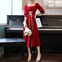 A-Line Elegant Vintage Party Wear Prom Dress Scoop Neck 3/4 Length Sleeve Tea Length Stretch Fabric with Sash / Ribbon 2021 miniinthebox
