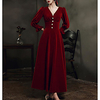 A-Line Elegant Vintage Wedding Guest Formal Evening Dress V Neck 3/4 Length Sleeve Ankle Length Velvet with Buttons 2020
