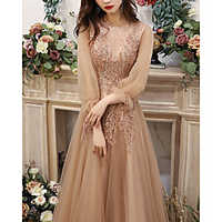 A-Line Elegant Vintage Wedding Guest Prom Dress Jewel Neck Long Sleeve Floor Length Tulle with Pleats Appliques 2020 miniinthebox