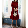 A-Line Elegant Vintage Wedding Guest Prom Dress Jewel Neck Long Sleeve Knee Length Satin with Buttons Pleats 2020