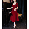 A-Line Elegant Vintage Wedding Guest Prom Dress Scoop Neck Short Sleeve Tea Length Jersey with Pleats Pearls 2020