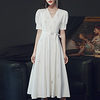 A-Line Empire Elegant Homecoming Party Wear Dress V Neck Short Sleeve Tea Length Stretch Fabric with Beading 2021 miniinthebox