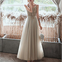 A-Line Empire Elegant Prom Formal Evening Dress Spaghetti Strap Sleeveless Ankle Length Tulle with Pleats Appliques 2020