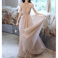 A-Line Empire Elegant Wedding Guest Formal Evening Dress Halter Neck Short Sleeve Floor Length Tulle with Beading Appliques 2020