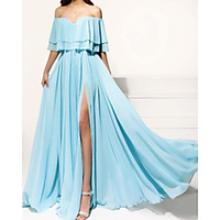 A-Line Empire Elegant Wedding Guest Formal Evening Dress Off Shoulder Sleeveless Floor Length Chiffon with Pleats Ruffles Split 2020