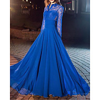 A-Line Empire Elegant Wedding Guest Formal Evening Dress Shirt Collar Long Sleeve Floor Length Chiffon Lace with Ruched 2020