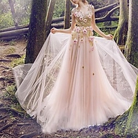 A-Line Empire Floral Holiday Formal Evening Dress Spaghetti Strap Sleeveless Floor Length Tulle with Beading Appliques 2020 miniinthebox
