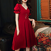 A-Line Empire Minimalist Homecoming Cocktail Party Dress V Neck Short Sleeve Knee Length Spandex with Buttons Ruffles 2020