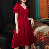 A-Line Empire Minimalist Homecoming Cocktail Party Dress V Neck Short Sleeve Knee Length Spandex with Buttons Ruffles 2020