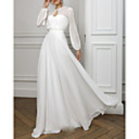 A-Line Empire White Holiday Formal Evening Dress Illusion Neck Long Sleeve Floor Length Chiffon with Pleats 2020