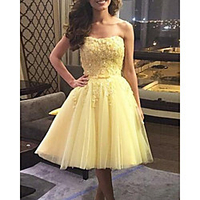 A-Line Flirty Elegant Homecoming Cocktail Party Dress Strapless Sleeveless Knee Length Tulle with Pleats 2020