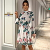 A-Line Flirty Empire Party Wear Cocktail Party Dress High Neck Long Sleeve Short / Mini Chiffon with Sash / Ribbon Pattern / Print 2020