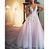 A-Line Floral Luxurious Engagement Formal Evening Dress V Neck Sleeveless Court Train Tulle with Pleats Appliques 2020