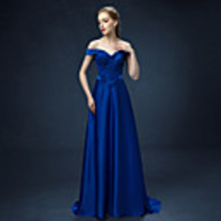 A-Line Formal Evening Dress Off Shoulder Sweep / Brush Train Satin with Lace Beading Appliques 2020