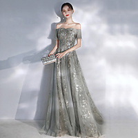 A-Line Glittering Elegant Engagement Formal Evening Dress Off Shoulder Short Sleeve Floor Length Spandex with Sequin Appliques 2021 miniinthebox
