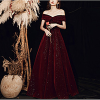 A-Line Glittering Elegant Engagement Formal Evening Dress Off Shoulder Short Sleeve Floor Length Velvet with Pleats Sequin 2021 miniinthebox