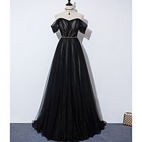 A-Line Glittering Elegant Engagement Formal Evening Dress Off Shoulder Sleeveless Sweep / Brush Train Tulle with Pleats Beading 2020