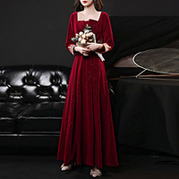 A-Line Glittering Elegant Engagement Formal Evening Dress Scoop Neck Long Sleeve Floor Length Velvet with Embroidery Appliques 2021 miniinthebox