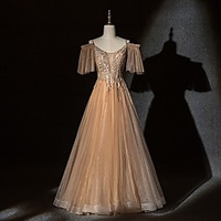 A-Line Glittering Elegant Engagement Formal Evening Dress Spaghetti Strap Half Sleeve Floor Length Tulle with Sequin Appliques 2020 miniinthebox