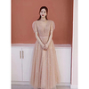 A-Line Glittering Elegant Engagement Prom Dress Illusion Neck Short Sleeve Floor Length Sequined with Bow(s) Pleats 2020