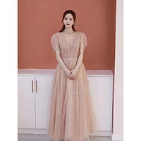 A-Line Glittering Elegant Engagement Prom Dress Illusion Neck Short Sleeve Floor Length Sequined with Bow(s) Pleats 2020