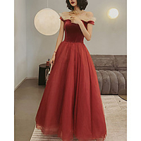 A-Line Glittering Elegant Engagement Prom Dress Off Shoulder Sleeveless Floor Length Tulle with Beading Ruffles 2020 miniinthebox